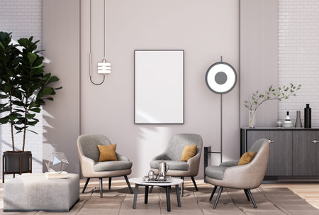 192394970 Mock Up Poster Frame In Modern Interior Fully Furnished Rooms Background Living Room 3d Rendering
